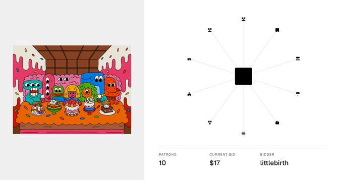 An NFT auction page showing a cartoon birthday party with cake monsters, alongside an 8-pointed star with symbols, listing 10 patrons, a current bid of $17, and bidder 'littlebirth'.