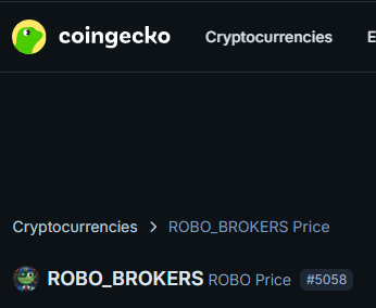 The image shows a CoinGecko page for ROBO_BROKERS (ticker: ROBO), ranked #5058, confirming that the token has been listed on the cryptocurrency data platform, as celebrated in the accompanying post.