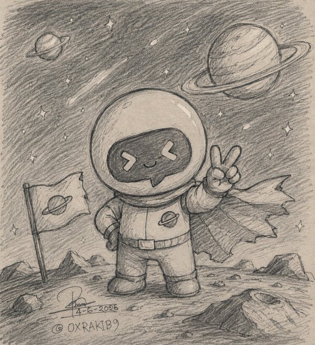The image features an illustration of an astronaut standing on a rocky surface, holding a flag with planets on it. The artist has used pencils for their drawing, giving it a sketchy appearance. The caption below the artwork reads "I'M still improving my drawing skills, but I love creating art with Dlicom. Every piece is a step forward. Your support and feedback mean a lot to me."