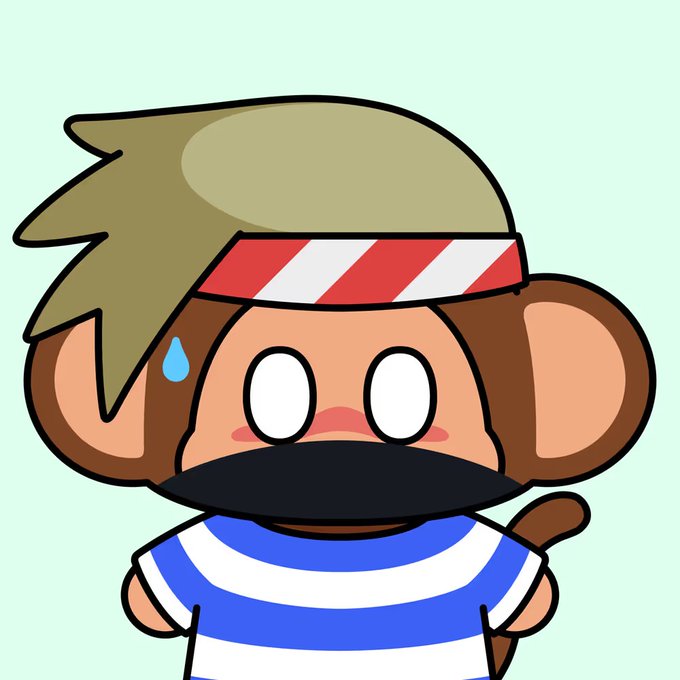 A cartoon illustration of a wide-eyed monkey character wearing a red and white striped headband and a blue and white striped shirt, with a sweat drop on its forehead.
