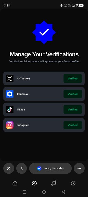 A mobile screenshot of the "Manage Your Verifications" page on verify.base.dev, displaying four verified social accounts: X (Twitter), Coinbase, TikTok, and Instagram, each marked with a green "Verified" badge. The accompanying post explains that Base Verify is a system to help distinguish real users from Sybil wallets in the Base ecosystem while preserving privacy.