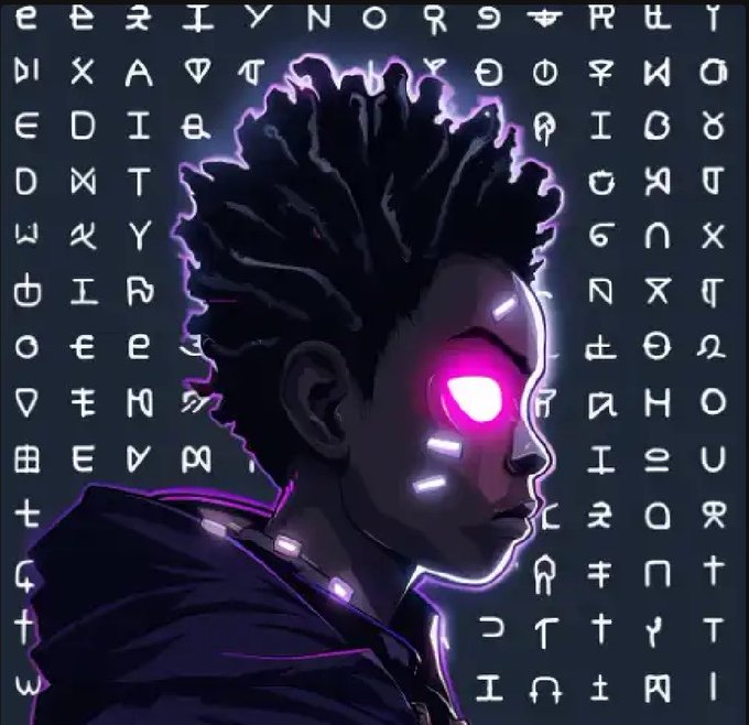 A digital artwork featuring a stylized profile portrait of a young person with dreadlocks and a glowing pink/cyan cybernetic eye, set against a background covered in runic symbols.