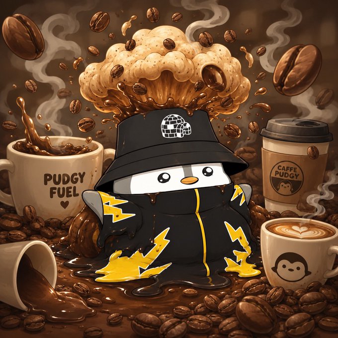A digital illustration of a penguin character wearing a black bucket hat and jacket, surrounded by coffee beans, mugs labeled 'PUDGY FUEL' and 'CAFFE PUDGY', and spilling coffee.