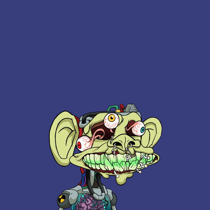 A grotesque cartoon illustration of a green-skinned creature with multiple bulging eyes and a wide, toothy grin, set against a solid purple background.
