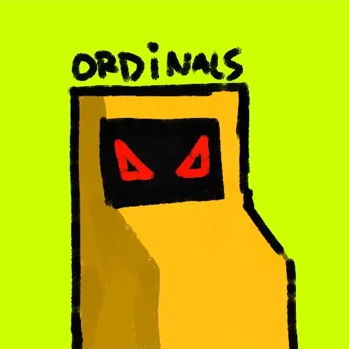 A cartoon-style drawing of a yellow arcade cabinet with red glowing eyes and the word 'ORDINALS' written above it.