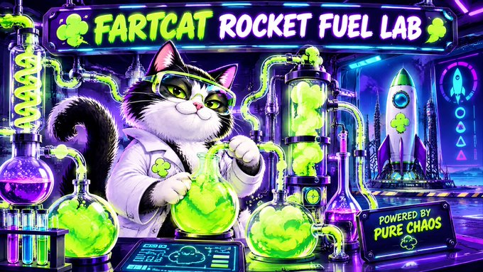 A vibrant digital illustration titled 'FARTCAT ROCKET FUEL LAB' depicting a black and white cat in a lab coat and goggles working with green glowing chemicals, with a sign reading 'POWERED BY PURE CHAOS'.
