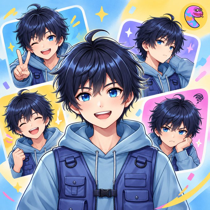 An anime-style illustration featuring a blue-haired boy in a hoodie and backpack, surrounded by four smaller panels showing different expressions.