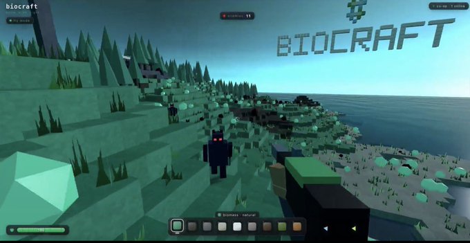 The image shows a video game scene with a character walking up a steep hill towards an ocean view. The game title "BioCraft" is displayed at the top of the screen, indicating that this is a Minecraft-style game featuring a bio-craft theme. A player's progress bar can be seen in the bottom right corner, suggesting they are actively engaged in building and defending their structures within the game.