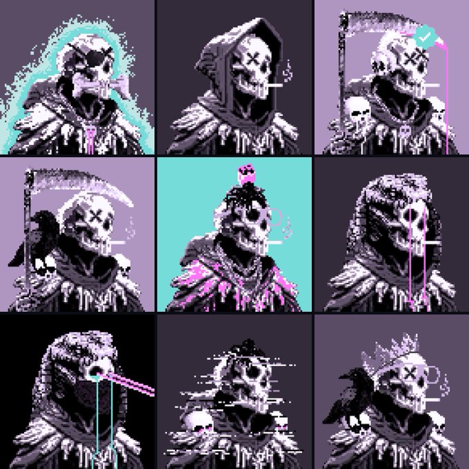 A 3x3 grid of pixel art portraits depicting a grim reaper figure with a skull face, hooded cloak, and scythe, with varying color treatments including purple backgrounds and cyan or magenta accents.