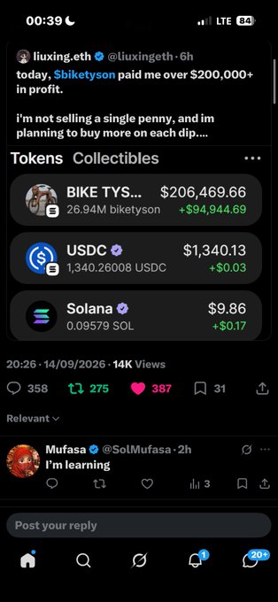 A Twitter screenshot displays a post by liuxing.eth (@liuxingeth) stating 'today, SBiketyson paid me over $200,000+ in profit,' with portfolio holdings showing 'BIKE TYS' at $206,469.66, plus USDC and Solana balances.