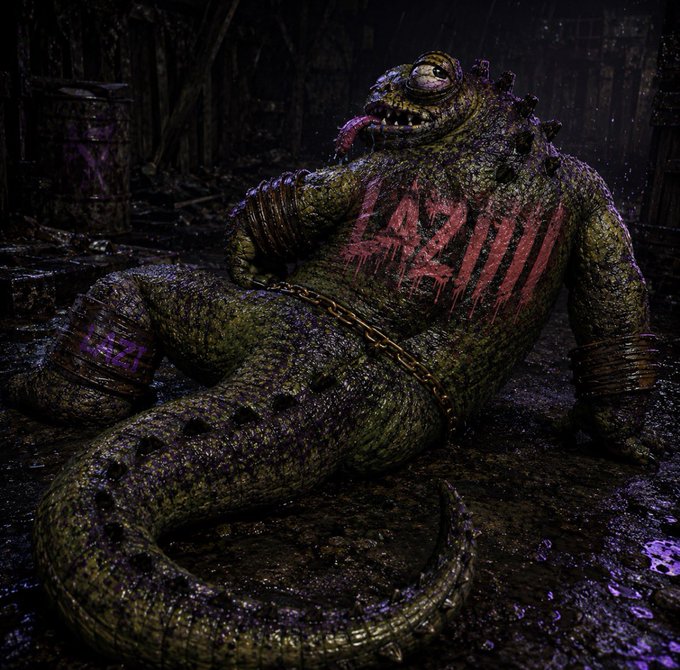 A detailed 3D render shows a monstrous, reptilian creature with rough green skin, a single cyclops eye, sharp teeth, and red claw marks across its chest, sitting on a wet, dark surface.