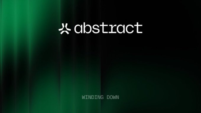 The image displays the "Abstract" logo (with its stylized "A" icon) alongside the tagline "WINDING DOWN" against a dark green gradient background, visually reinforcing the Thai post's announcement that Abstract (AbstractChain) has ceased operations and users must withdraw their funds via migrate.abs.xyz before December 15 or risk losing them.