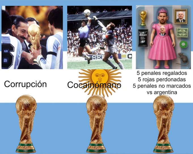 A meme in Spanish depicting Argentina's 1986, 1990, and 2022 World Cup wins with humorous/critical labels: "Corrupción" (corruption) under the 1986 photo of Maradona with the trophy, "Cocaínómano" (cocaine addict) under the 1990 image of Maradona's "Hand of God" play, and accusations of "5 penales regalados, 5 rojas perdonadas, 5 penales no marcados vs argentina" (5 gifted penalties, 5 forgiven red cards, 5 uncalled penalties vs Argentina) beneath a figurine referencing the 2022 Qatar World Cup, all above three World Cup trophies on an Argentine flag background.