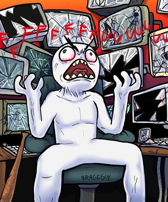An angry cartoon character sits in a chair labeled '$RAGEGUY' surrounded by cracked computer monitors, with the word 'FFFFFFFFUUUUUU' written across the top in red.