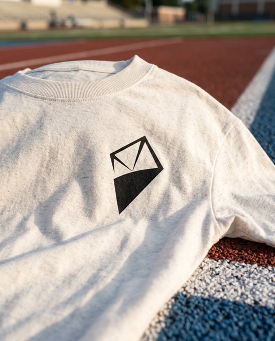 A white sweatshirt featuring a black geometric diamond logo laid out on a red running track.