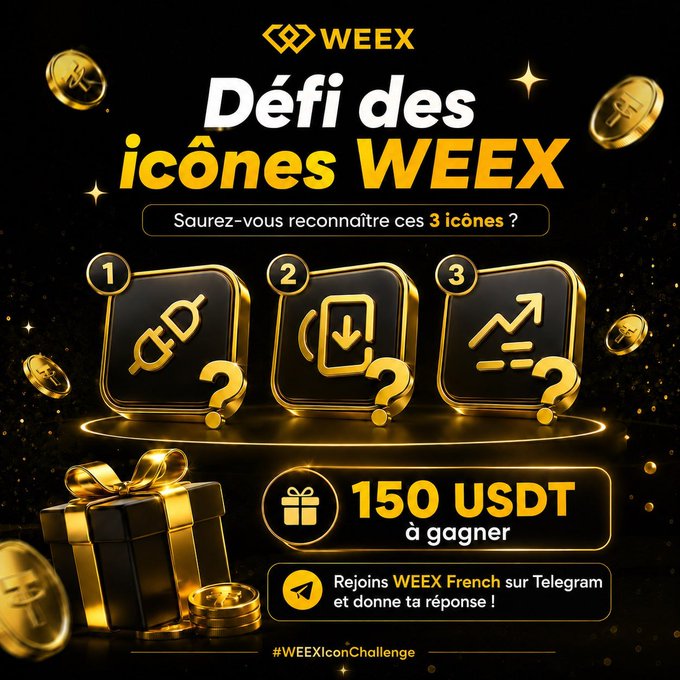 A WEEEX promotional graphic titled 'Défi des icônes WEEEX' in French, asking viewers to identify 3 icons for a chance to win 150 USDT, with instructions to join WEEEX French on Telegram using #WEEEXIconChallenge.