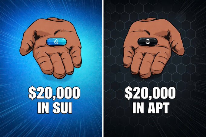 Split comparison image showing two hands each holding a pill—one with the SUI cryptocurrency logo on a blue background labeled '$20,000 IN SUI', and one with the Aptos logo on a dark background labeled '$20,000 IN APT'.