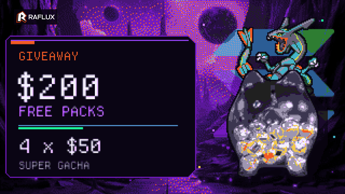 A pixel-art promotional graphic for a "RAFLUX" giveaway advertising "$200 FREE PACKS" in "4 x $50 SUPER GACHA," featuring a shark character perched on a treasure chest filled with glowing cards against a cosmic purple background. The image visually reinforces the post's announcement of a Solana Activation Week giveaway with four winners receiving $50 Shark Super Gacha packs each.