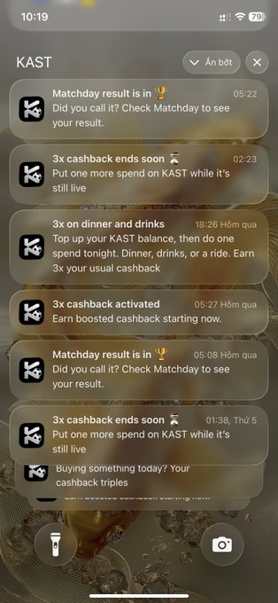 A smartphone screenshot showing the KAST app notifications, including "Matchday result is in," "3x cashback ends soon," and "3x on dinner and drinks," highlighting the platform's gamified cashback and reward features described in the post.