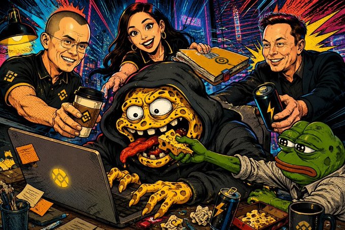 A vibrant cartoon illustration showing a pizza-themed Pepe character at a laptop, flanked by figures resembling Changpeng Zhao, Elon Musk, and a Pepe character, with energy drink cans and a Binance logo visible.
