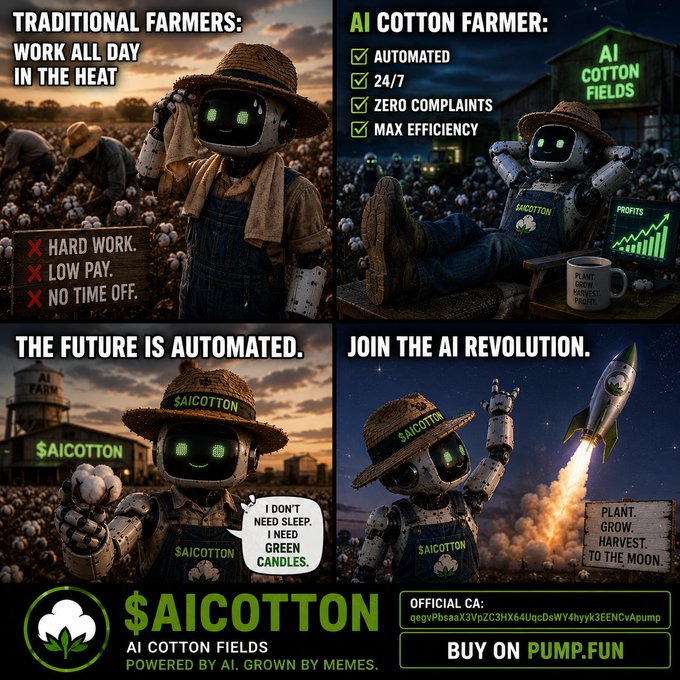 A four-panel meme advertisement for a cryptocurrency token called '$AICOTTON - AI Cotton Fields,' contrasting traditional farmers with an AI cotton farmer robot, featuring text like 'TRADITIONAL FARMERS: WORK ALL DAY IN THE HEAT' and 'JOIN THE AI REVOLUTION,' with a contract address and 'BUY ON PUMP.FUN' call-to-action.