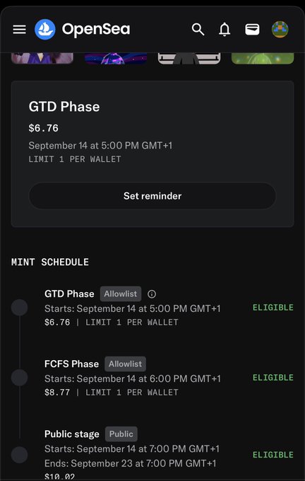 An OpenSea mobile interface displays a mint schedule for "GTD Phase" at $6.76 starting September 14 at 5:00 PM GMT+1, with additional phases including an FCFS Phase at $8.77 and a Public stage. The image illustrates an NFT mint eligibility page, complementing the post's gratitude for receiving an allocation from a community member.