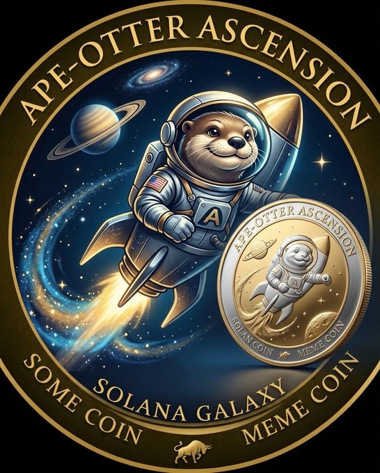 A circular emblem for 'APE-OTTER ASCENSION' featuring an otter in an astronaut suit riding a rocket through a starry galaxy, with text reading 'SOME COIN', 'SOLANA GALAXY COIN', and 'MEME COIN' around the border.