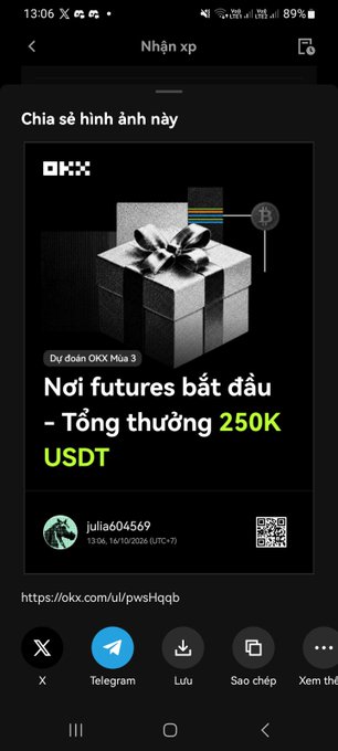 A Telegram screenshot promoting an OKX referral link (okx.com/ul/pwsHqqb) by user julia604569 with Vietnamese text offering a 250K USDT reward for futures trading signups.