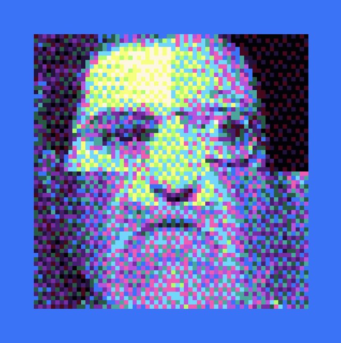 A heavily pixelated, colorful mosaic-style portrait of a person's face rendered in bright yellows, pinks, blues, and greens against a dark background, framed by a solid blue border.