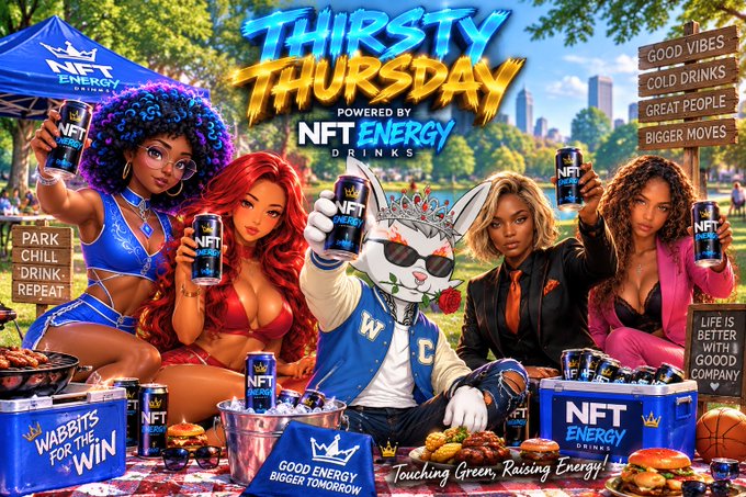 A bold promotional graphic for "Thirsty Thursday Powered by NFT Energy Drinks" features five stylish characters—four women and a rabbit mascot—holding NFT Energy cans in a sunny park setting, with slogans like "Good Vibes, Cold Drinks, Great People, Bigger Moves" and "Wabbits for the Win" displayed alongside the text "Touching Green, Raising Energy!" The vibrant banner ties into the post's event announcement, highlighting NFT Energy Drinks as a sponsor and reinforcing the giveaway's crypto and NFT giveaway theme.