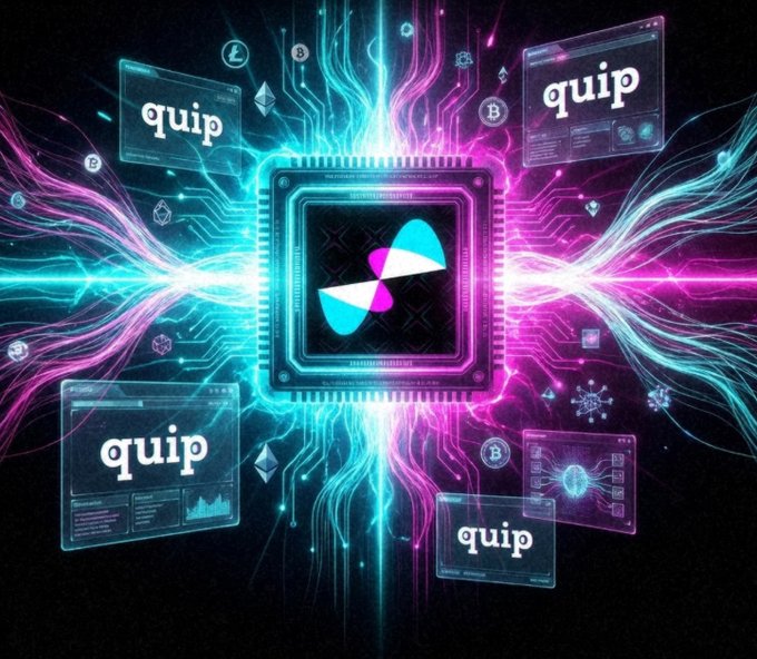 A neon-lit digital graphic of a central processor chip with the word 'quip' displayed on multiple floating screens around it.
