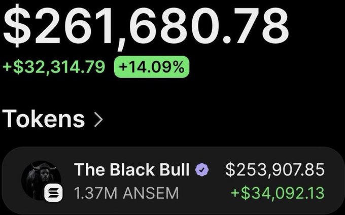 A portfolio screenshot displays a total balance of $261,680.78 with a $32,314.79 gain (+14.09%), highlighting a holding called "The Black Bull" with 1.37M $ANSEM tokens valued at $253,907.85 (up $34,092.13). The image serves as visual proof of the poster's claimed profit growth from a $4,700 investment into $ANSEM, reinforcing their pitch for a potential airdrop to retweeters.