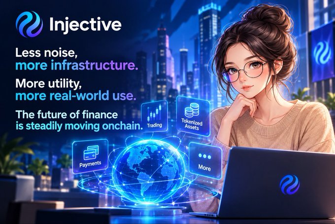 The image shows a promotional graphic for Injective featuring a woman with glasses working on a laptop against a stylized cityscape, with text highlighting "Less noise, more infrastructure," "More utility, more real-world use," and "The future of finance is steadily moving onchain," alongside icons representing Trading, Tokenized Assets, Payments, and More. This visually reinforces the post's message about Injective building financial infrastructure beyond hype.