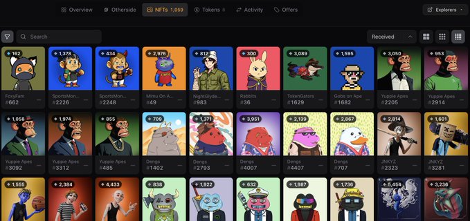 A grid of NFT collectibles displayed in a digital wallet interface, including collections like Bored Ape Yacht Club (BAYC), CryptoPunks-adjacent characters, and others with floor prices shown (e.g., BAYC #2206, #1682, #3099).