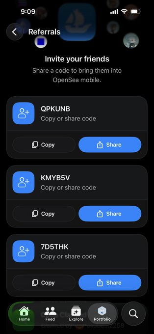 The OpenSea mobile app Referrals screen showing three invite codes (QPKUNB, KMYB5V, 7D5THK) with copy and share buttons for inviting friends.
