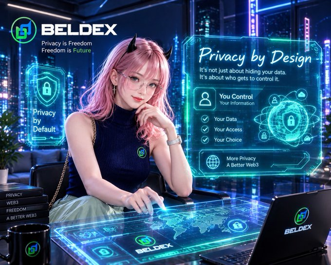 A promotional graphic for 'BELDEX' featuring an anime-style character with pink hair and glasses alongside privacy-focused messaging like 'Privacy by Default' and 'Privacy by Design'.