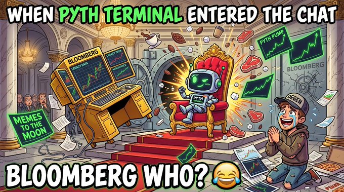 The image features a cartoon depiction of a man sitting on a throne, surrounded by various objects such as a computer monitor, keyboard, and mouse. The scene also includes a robot figure seated on a chair with a sword in its hand. In the background, there are other people present, possibly indicating that this is an event or gathering related to the cartoon's theme.

The post contains text that reads "When Pyth Terminal entered the chat when Pyth Terminal entered the chat", which suggests that the image was taken during the time of a significant event involving the use of the Pyth Terminal. The caption also includes a question about the post, asking if it is related to the post's content or if it is just a random thought.