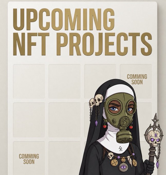A promotional graphic titled "UPCOMING NFT PROJECTS" features a stylized nun character wearing a gas mask and holding a skull-topped scepter, alongside empty placeholder slots marked "COMMING SOON" to tease future NFT launches on Ink Chain.