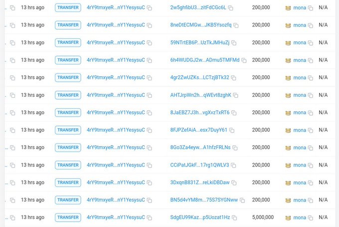 A screenshot of blockchain transaction history showing multiple TRANSFER entries from wallet '4rY9tmxeR...nYYesyusC' to various recipients, each for 200,000 mona (with one larger 5,000,000 transfer at the bottom), all from 13 hrs ago.