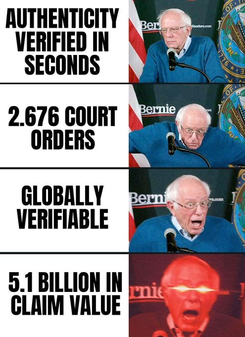 A four-panel meme featuring Bernie Sanders at a podium with text panels reading 'AUTHENTICITY VERIFIED IN SECONDS', '2.676 COURT ORDERS', 'GLOBALLY VERIFIABLE', and '5.1 BILLION IN CLAIM VALUE', with the final panel showing Sanders with glowing red eyes.