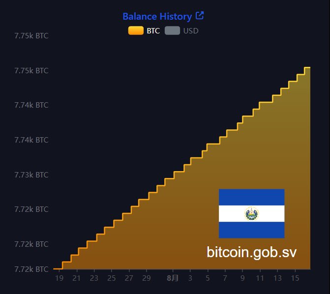 A 'Balance History' chart showing BTC balance increasing steadily from approximately 7.72k to 7.75k BTC, with the El Salvador flag and 'bitcoin.gob.sv' label, referencing the country's Bitcoin holdings.