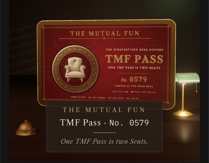 A digital graphic resembling a premium ticket or membership card displays 'THE MUTUAL FUN', 'THE SUBSCRIPTION DESK HONORS', 'TMF PASS', 'No. 0579', and 'One TMF PASS IS TWO SEATS' above a matching text panel.