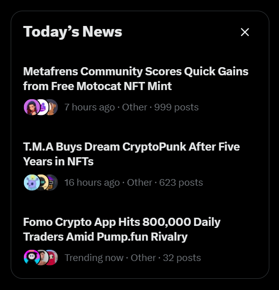 A "Today's News" feed displays three crypto headlines: Metafrens Community's free Motocat NFT mint, T.M.A's purchase of a dream CryptoPunk after five years in NFTs, and Fomo Crypto App reaching 800,000 daily traders amid Pump.fun rivalry. The post relates to the second headline, expressing hope of one day affording a CryptoPunk like the featured buyer.