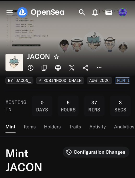 The image shows the OpenSea NFT minting page for the "JACON" collection on Robinhood Chain, with a countdown timer displaying 0 days, 5 hours, 37 minutes, and 3 seconds until minting begins in August 2026. This relates to the post announcing eligible minters (@JaconLab, @Billiz_nft, evolastion, @WezardsRH) and others for the JACON NFT drop.