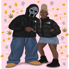 In this online post there is a link to an stie called Objkt. that contains an image of two people, one dressed as a cyborg holding a marijuana blunt. This image contains multiple marijuana iconography and psychedelic symbols, the person on the right is a woman dancing in a very short coat and boots. 

 The post claims that these are collectible items from "THE MYTH" collection that users could buy and store on this website, which may be profitable for them.