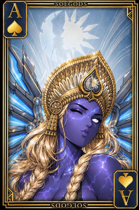 An ornate card labeled 'SOLGODS' featuring an artistic illustration of a blue-skinned goddess with long blonde hair, a golden crown, and radiant blue and white wings.