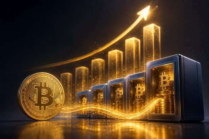 A digital graphic showing a large golden Bitcoin coin beside a row of metallic safe-like boxes stamped with the Bitcoin logo, set against a background of an ascending bar chart and an upward arrow indicating growth.