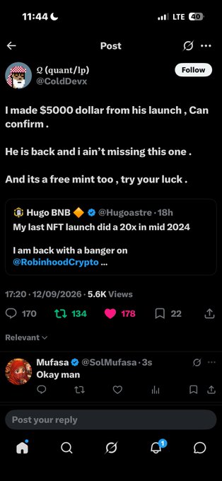 A Twitter/X post by @ColdDevx claims to have made $5000 from a launch, quote-tweeting @Hugoastre's announcement about returning with a new project on @RobinhoodCrypto.