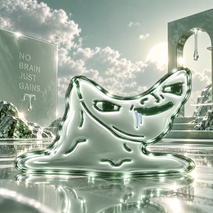 A digital 3D render of a translucent glass-like creature resembling Ditto from Pokémon against a sky background, with a sign reading 'NO BRAIN JUST GAINS' on the left.