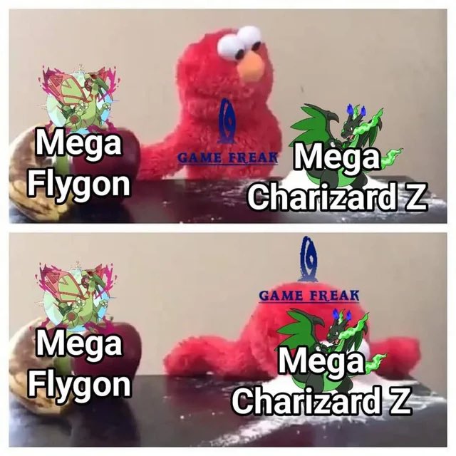 A two-panel meme featuring an Elmo puppet with overlaid text labels 'Mega Flygon' and 'Mega Charizard Z' alongside their Pokémon images, with a 'Game Freak' logo watermark.